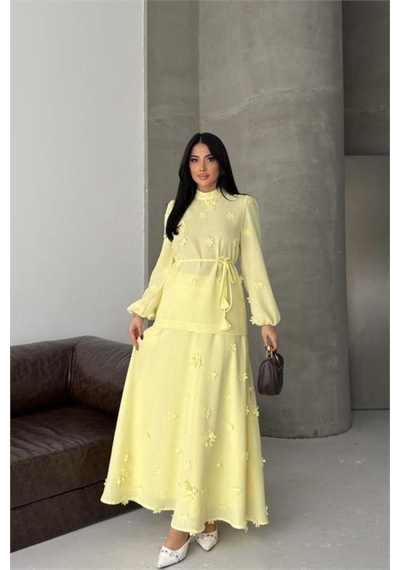 Neşeli Butik Kadın Sarı Keten Kumaş Çiçek Aplikeli Hakim Yaka Etekli Takım Nbms2629