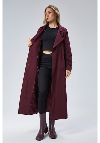 Kadın Oversize Kuşaklı Trençkot Bordo