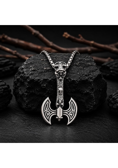 Paslanmaz Çelik Gotik Tarz Kurukafa Balta Kolye Gümüş