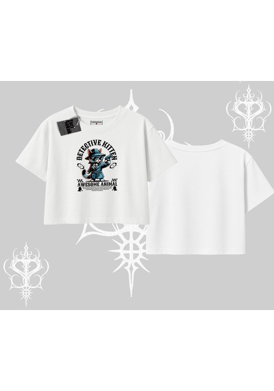 Tarzsokak Detective Kitten Kedi Baskılı Oversize Crop Tshirt Beyaz