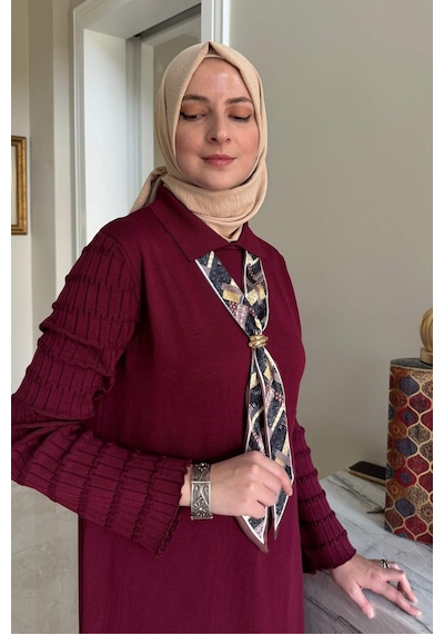 Rabia Şamlı Şölen Fularlı Triko Elbise Bordo Normal