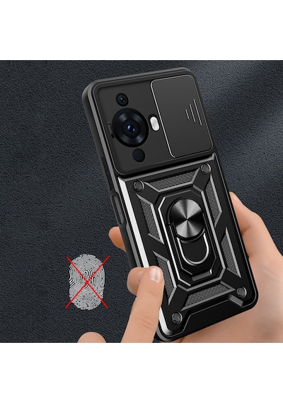 Huawei Nova 12s Kılıf Sürgülü Kamera Koruyucu Manyetik Standlı Tank Koruma Pazarplus Siyah