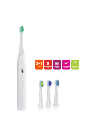 Polosmart Pbs520 5 Mod Şarjlı Diş Fırçası Ipx7 Su Geçirmez 4 Yedek Başlık Type-c Girişli Beyaz Şarjlı
