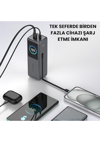 140w Süper Hızlı Şarj 30000mah Powerbank Dijital Led Ekran 2 Usb-c + 1 Usb-a Çıkış Dahili Type-c Kablo Laptop Uyumlu Taşınabilir Şarj Cihazı Açık Gri