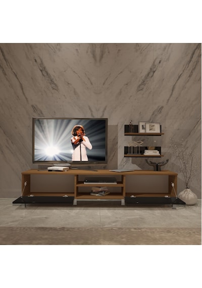 Decoraktiv Eko 4 Slm Dvd Krom Ayaklı Tv Ünitesi Tv Sehpası Ceviz - Siyah