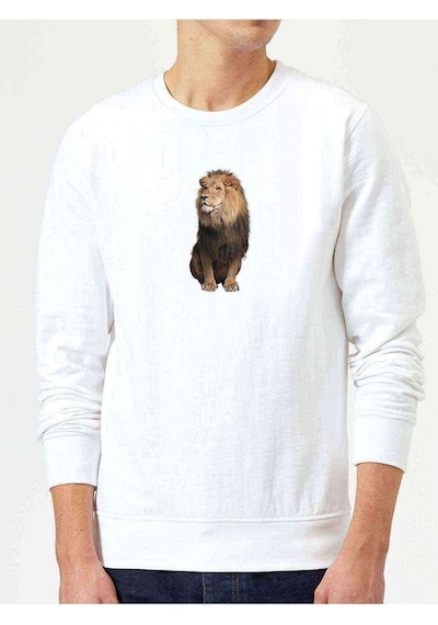 Aslan Baskılı Beyaz Erkek Örme Sweatshirt (530938605)