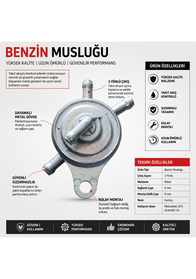 Scooter Gy6 50/125/150cc Benzin Musluğu - 4 Girişli Vakumlu Yakıt Filtre Depo Musluğu 50/125/150 Cc