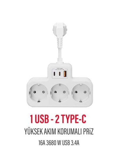 Çoklu Kablolu Priz Çoğaltıcı Priz Dönüştürücü 1usb 2type C Girişli Yüksek Akım Korumalı Fiş