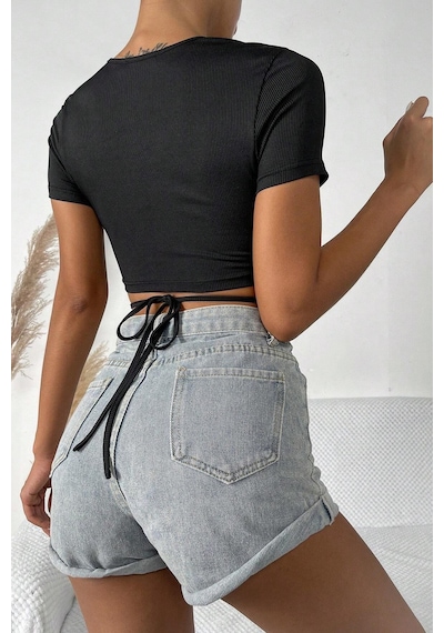 Epilons Zenvial Kadın Siyah Yarım Kol Çapraz Bağlamalı Crop Top Bluz Zenviall2