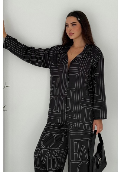 Asprin Fashion Geometrik Desen Modal Saten Takım Siyah Siyah