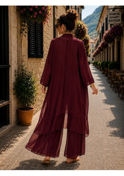 Bohem Stil Italyan Ipek Detaylı Oversize Kap Bluz- Wes Pantolon Takım Koyu Bordo