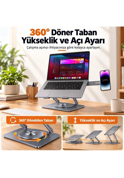 2'si 1 Arada Laptop Standı, Karbon Çelik 360 Döner Yükseklik Ayarlı, Gizlenebilir Magsafe Uyumlu Telefon Tutuculu Notebook Standı, Macbook Uyumlu, 17.3 İnçe Kadar Gri