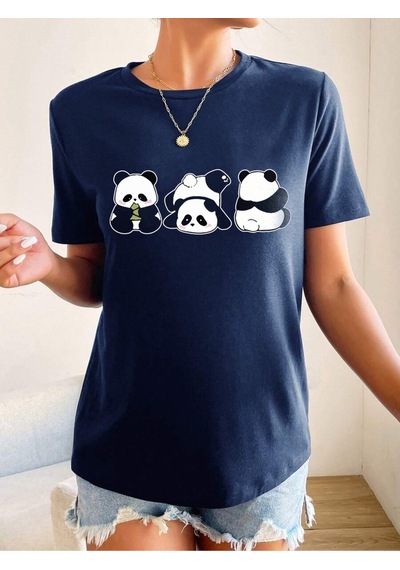 Uyguntarz Unisex Sevimli Pandalar Baskılı Tasarım Tshirt Lacivert