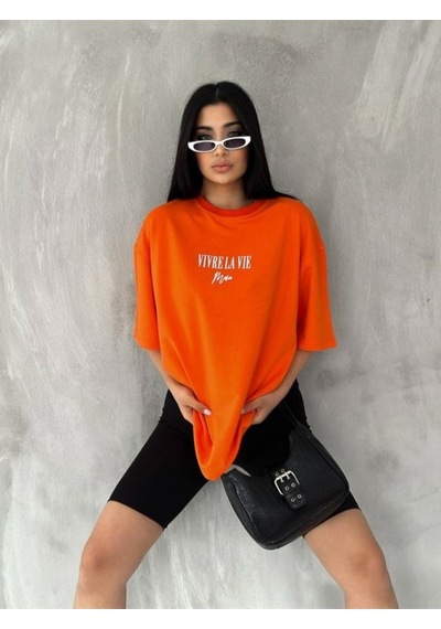 Flood Of Style Kadın Turuncu Vivre La Vie Baskılı Oversize Bisiklet Yaka Penye Tişört