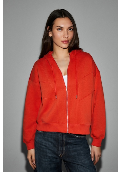 Grimelange Vyselle Kadın Önü Kesikli Metal Fermuarlı Kapüşonlu Etiket Detaylı Oversize Kırmızı Sweat Kırmızı