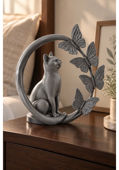 Kelebeklerle Çevrili Zarif Kedi Figürlü Dekoratif Biblo 30700897
