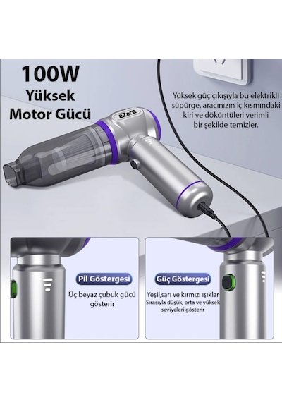 Turbo 16000 Pa Emiş Gücü Çantalı Üfleme Özellikli Araba Süpürgesi Araç Ev Kullanımı Uzun Şarj Süresi