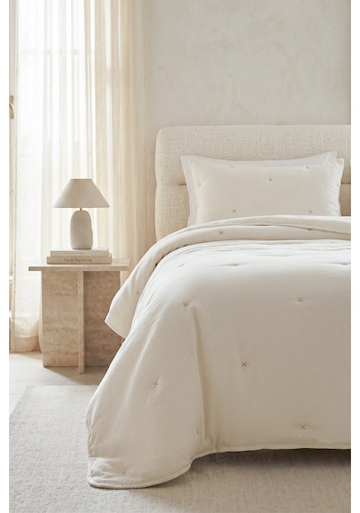 Ocean Home Textile Nakışlı Ekru Çift Kişilik Yatak Örtüsü Seti 1 Adet 250 X 230 / 2 Adet 50 X 70 Cm