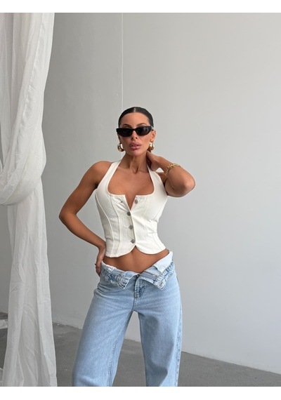 Herton Kadın Boyundan Bağlamalı Düğmeli Korseli Denim Büstiyer Top Çok Renkli