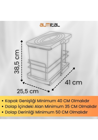 Cassone 24 Litre, Dolap İçi Raylı Gri, Paslanmaz Krom Çöp Kovası , Kapak Genişliği 40 Cm Açık Gri