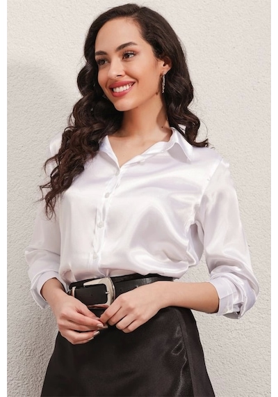 Defymoda 3964 Hafif Dökümlü Saten Gömlek - Beyaz Beyaz
