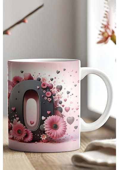 Renkli Çiçekli O Harfi Baskılı 3d Görünümlü Tasarım Mug Kupa Bardak Kırmızı