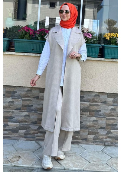 Rabia Şamlı Apoletli Çizgili Takım Bej Normal