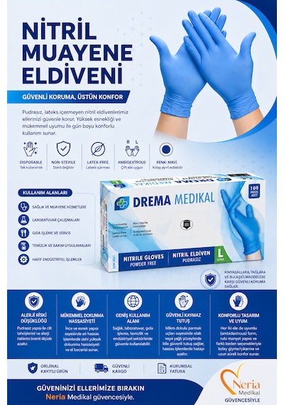 Drema Nitril Muayene Eldiveni Mavi 1 Kutu 100 Adet Small, Medium, Large