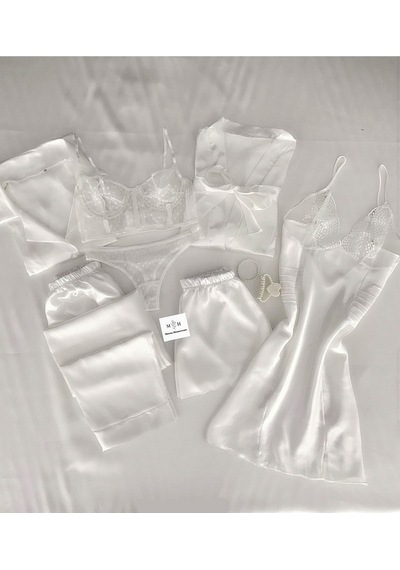 Mh Moony Homewears Kutulu 7'li Melek Saten Beyaz Gecelik Sabahlık Pijama Dev Çeyiz Seti Beyaz