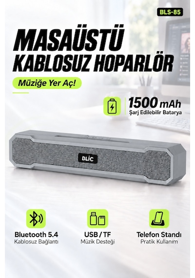 Blic Bls-85 Bluetooth 5.4 Masaüstü Soundbar Hoparlör Gri, Telefon Standlı, 1500 Mah Şarjlı, Usb Ve T