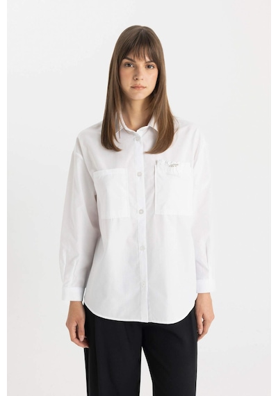 Defacto Relax Fit Poplin Uzun Kollu Gömlek Tunik C7825AX24SMWT36 Beyaz