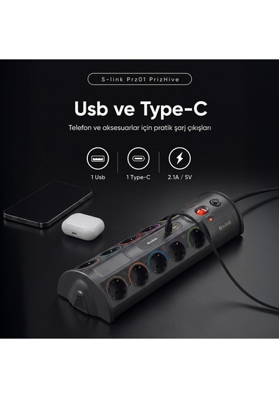 S-link Prz01 Prizhive 3 Metre 1860 Joule 1.5mm 1 Usb 1 Typec 2.1a