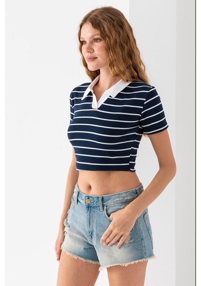 Giysa Kadın Polo Yaka Çizgili Pamuklu T-shirt Lacivert Beyaz - 25795 Lacivert - Beyaz