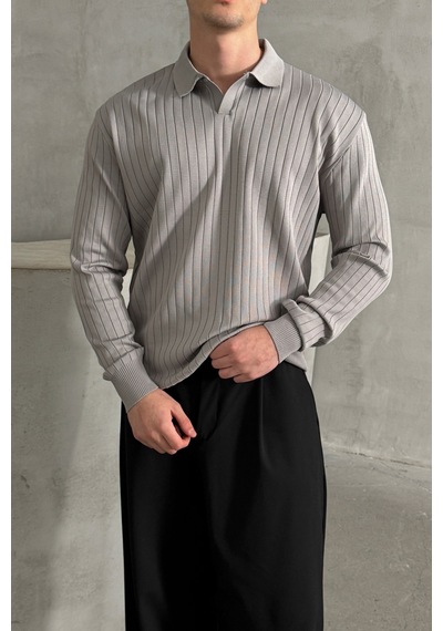 Erkek Polo Yaka Fitilli Oversize Triko Kazak Gri