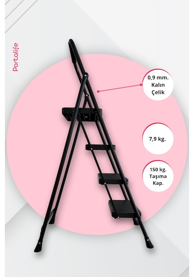 Portalife 4 Basamaklı Uzun Tutacaklı Şık Siyah Çelik Merdiven 150 Cm'ye Kadar
