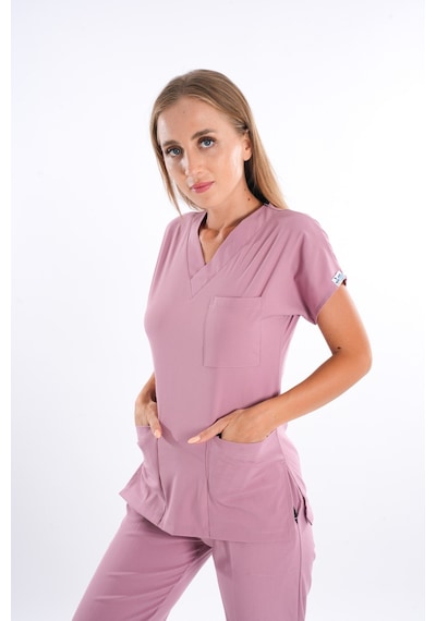 Unisex Pudra Soft Likra Doktor Scrubs Hemşire Cerrahi Nöbet Takım Üniforma Pudra Pudra