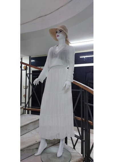 Eren Style Beli Lastikli Astarlı Uzun Şifon Etek-8960 Beyaz