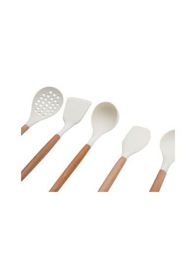 Qerhome 8 Parça Bambu Saplı Silikon Kepçe Spatula Mutfak Seti Krem
