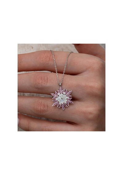 Gümüş Pembe Lotus Desenli Çiçek Kadın Kolye Gümüş Gümüş