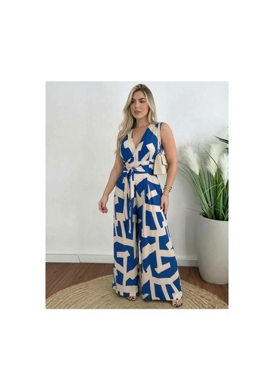 Butik İstanbul Kadın Askılı Kruvaze Yakalı Belden Kuşaklı Uzun Desenli Süprem Tulum Mavi