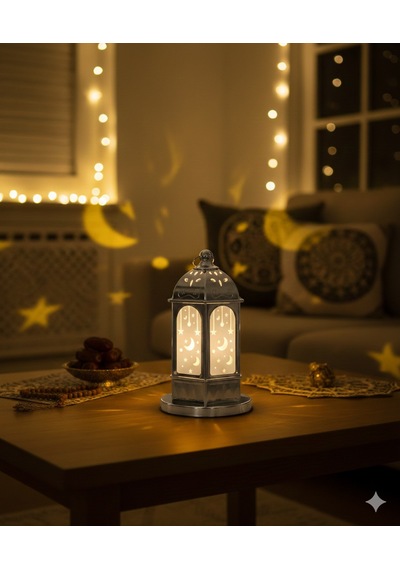 16 Cm Ramazan Ledli Gümüş Tabanlı Parlak Model Fener - Dekoratif Ramazan Feneri Diğer