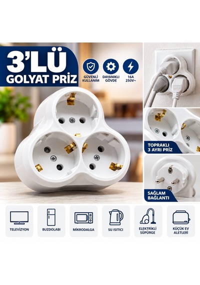 3'lü Golyat Yonca Topraklı Fiş -priz Çoğaltıcı 3'lü Priz