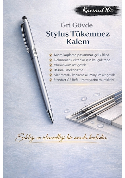 Stylus Tükenmez Kalem Gri Gövde Dokunmatik Uyumlu Premium Metal Kalem Gri