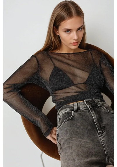 Hiccup Lurex Transparan Uzun Kollu Fit Bluz Siyah