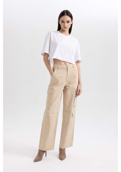 Defacto Coool Straight Fit Geniş Paça Yüksel Bel Kargo Cepli Gabardin Pantolon B1450ax23aubg159 Bej