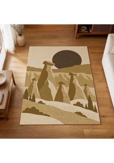 Kartela Halı Kapadokya Peri Bacası Desenli Halı Hardal Sarısı Kaymaz Taban 200x300 Cm
