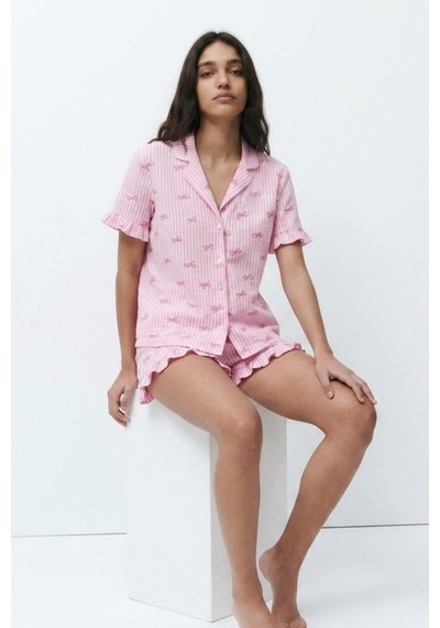 Kadın Desenli Trend Pembe Pijama Takımı