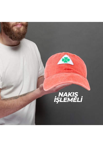 Perlotus Vintage Yıkamalı Pamuk Şapka Dört Yapraklı Yonca Nakışlı Turuncu Turuncu