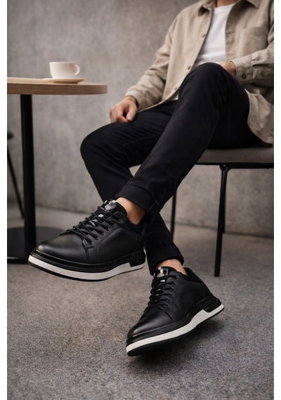 Muggo Reid Hakiki Deri Erkek Kalın Taban Bağcıklı Günlük Casual Sneaker Siyah