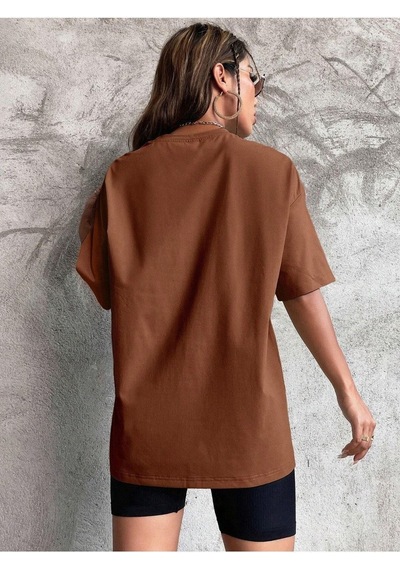 Düz Basic T-shirt - Kahverengi Oversize Bisiklet Yaka Kısa Kol Kahverengi